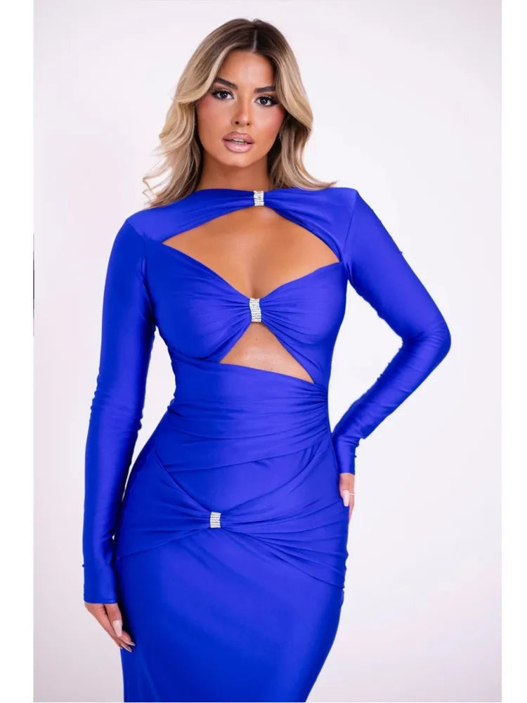 Articat Sexy Hollow Out Long Sleeved Elastic Tight Dress Women Pleats Double Layered Female Vestidos Elegant Party Evening Dress - reetell