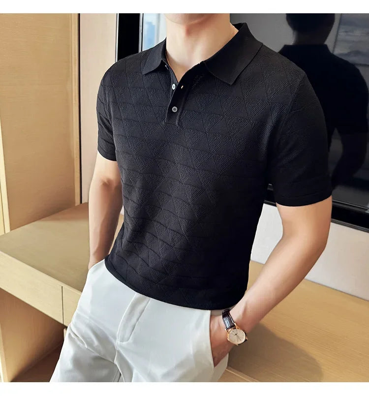 High-quality Men's Jacquard Polo Shirt, Business Casual Men's Solid Color Short-sleeved Top,  Geometric Pattern Men's T-shirt.