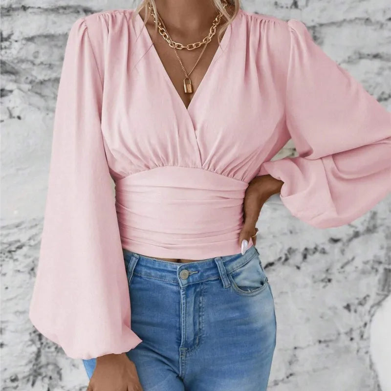 Elegant Lantern Sleeves Crop Top 2024 Spring Autumn New Fashion V-neck Solid Color Ruffled Women's Long Sleeved Black Blouse Y2K - reetell