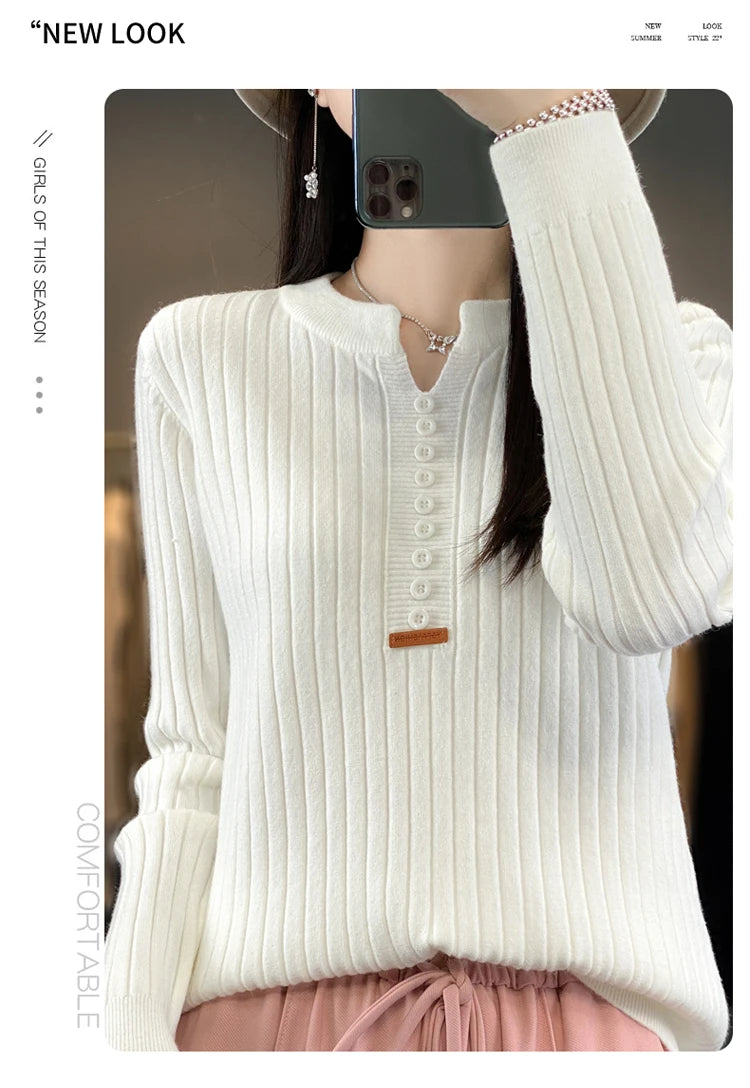 Women's Sweater Autumn/Winter New Solid Color Knitwear V-Neck Pullover Ladies Clothes Fashion Blouse Korean Style Loose Tops - reetell