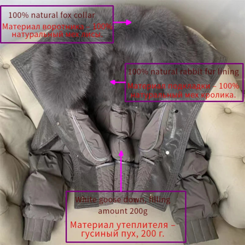 Women's Winter Down Jacket Sheepskin Fabric Fur V-Neck Rabbit Fur Lining Fur Coat Women Warm And Fashionable Jacket - reetell