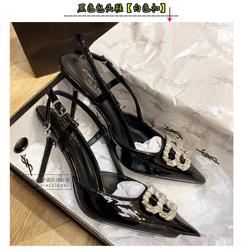 2024 New Pointed Black High Heels, Women's Thin Heels, Water Diamonds, One Line with Baotou Sandals and Button Single Shoes - reetell