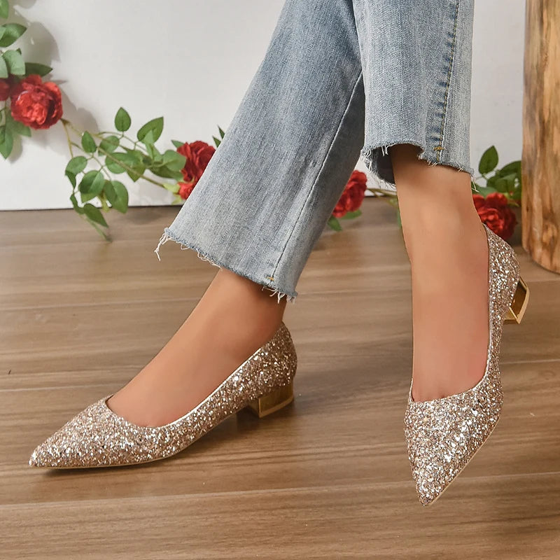 Gold Low Heels Pumps Women 2023 Spring Shiny Sequins Pointed Toe Party Shoes Woman Plus Size Simple Thick Heeled Bride Shoes