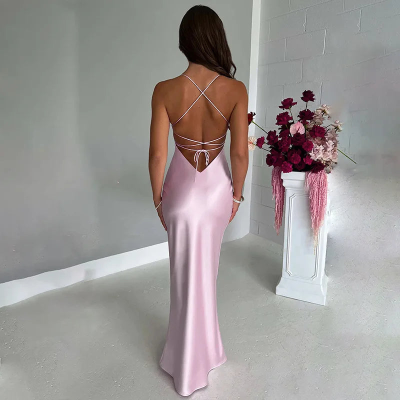 Summer Long Dress Women Evening Dresses Fashion Sexy Club Party Dresses Suspender Satin Dress Backless Strappy Waist Long Skirt - reetell