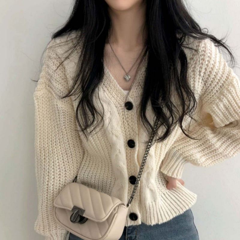 Button Front Cable Knit Cardigan Women's Vintage Long Sleeve Sweater Jacket Ladies Korean Fashion Autumn Winter Knitwear - reetell