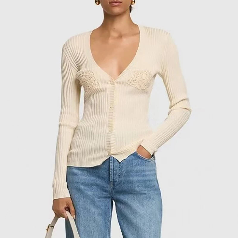 Women's Stretch Knit Slim V-Neck Cardigan, Long Sleeve Top, 100% Cotton Sweater, Y2K Knitwear, High Quality, New, Fall, 2024 - reetell