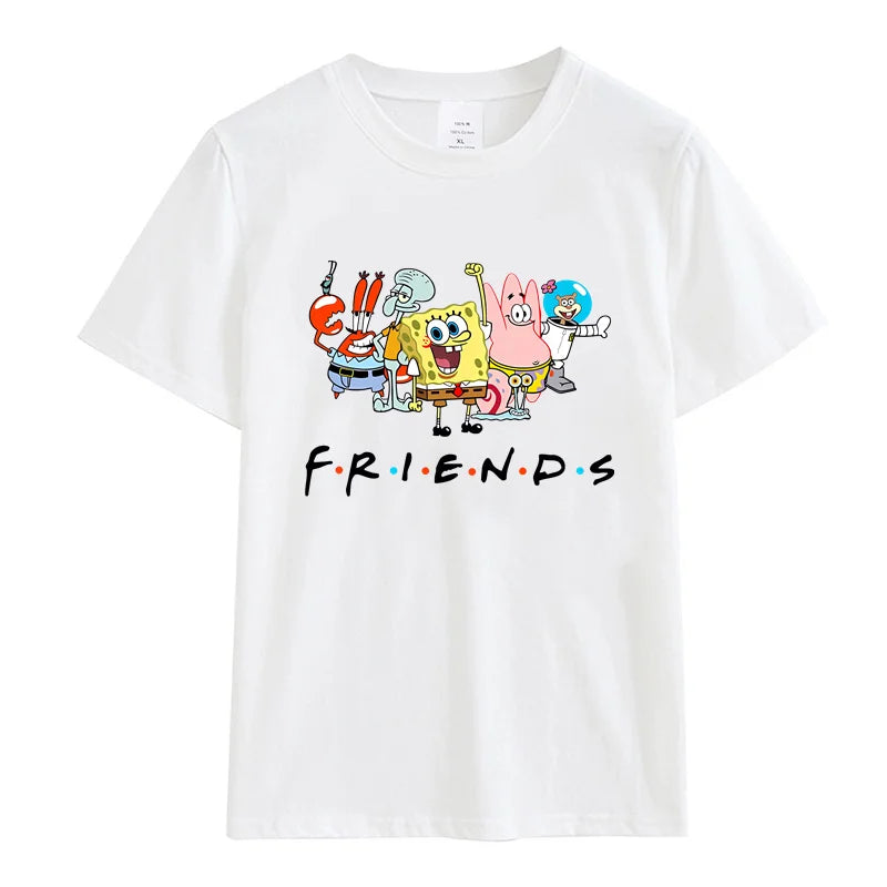 Men T-shirt Cartoon Sponges-bobs Print Cotton Women Girl Tops Casual Female Short-sleeved White Round Neck Oversized T-shirts - reetell