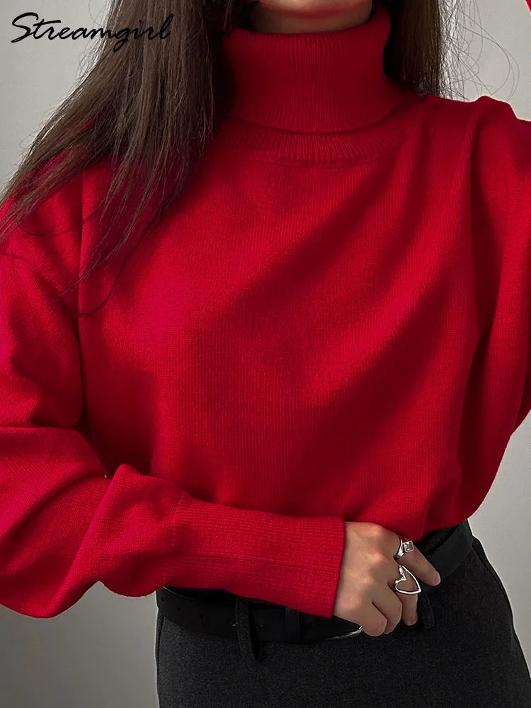 Winter Women Red Turtleneck Sweaters Oversized Basic Pullovers Warm Knitwear Autumn Sweater Ladies Loose Winter Sweater Woman - reetell