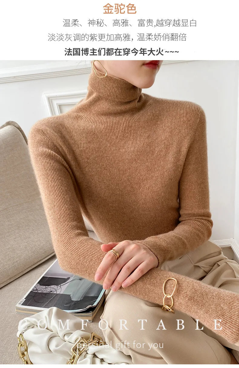 Women Sweater Winter Cashmere Turtleneck Warm Knitwear Korean Casual Solid Bottoming Shirt Fashion Knit Pullovers Brown Sweater - reetell