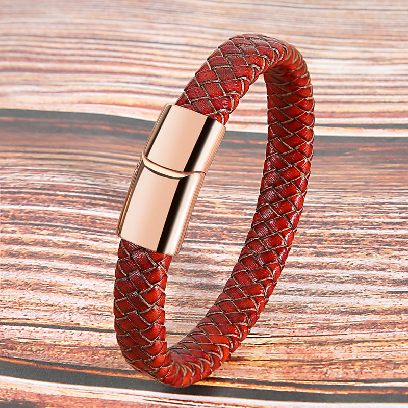 Mibrow Vintage Braided Genuine Leather Bracelet for Men Women Stainless Steel Magnetic Clasps Bracelets Punk Charm Men Jewelry