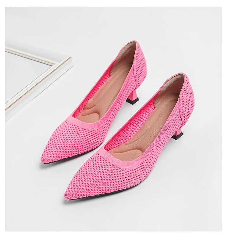 2024 New Summer Women's High Heels with Hollow Mesh Knitted Breathable Shoes (6cm High)