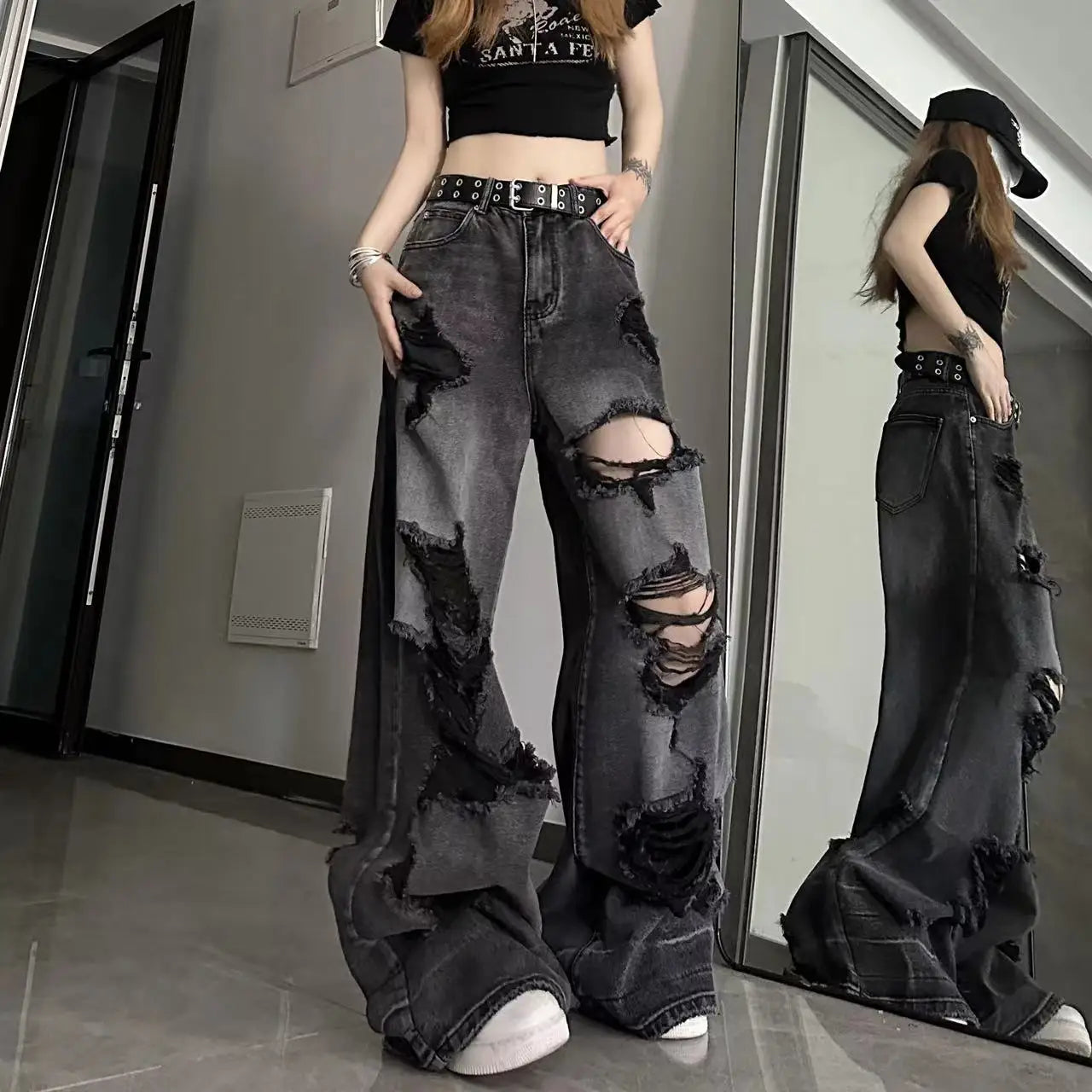 Vintage High Waist Denim Pants Ripped Jeans Women Fashion Loose Wide Leg Straight Pants Y2k Washed Streetwear Female - reetell