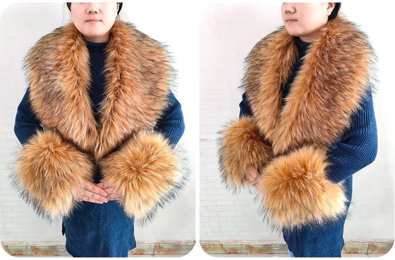 Winter Faux Fur Collar Cuffs Set Women Fluffy Large Shawl Coat Accessories Warm Fashion Fake Fox Fur Scarf Furry Scarves Female - reetell