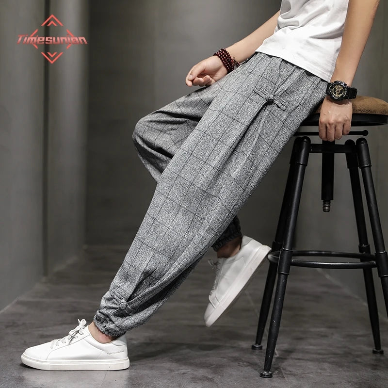 Cotton Linen Pants for Men New Trend Disc Buckle Hallen Pants Man Spring Summer Comfortable Breathable Casual Pants