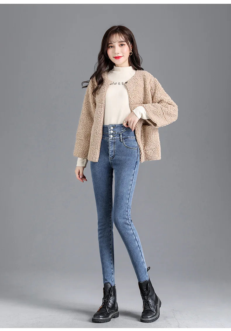 Thermal Winter Thick Fleece High-waist Warm Skinny Jeans Thick Women Stretch Button Pencil Pants Mom Casual Velvet Jeans - reetell