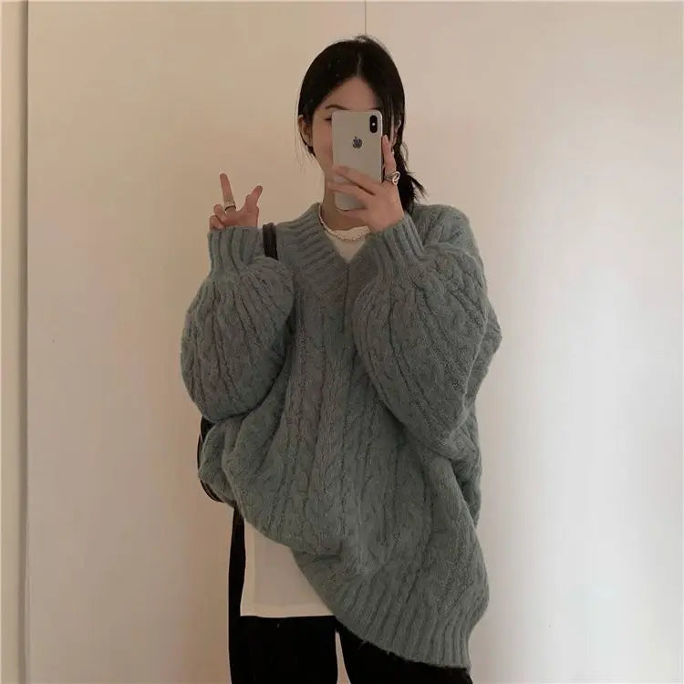 Women's Autumn and Winter Fashion Loose Outer Wear Lazy Style Niche Warm Knit Sweater Top - reetell