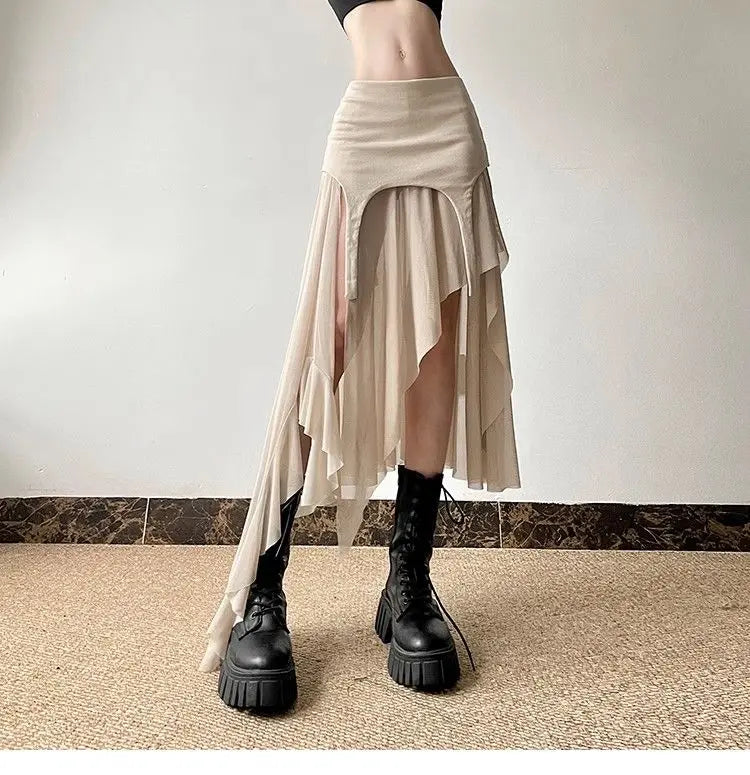 Women Clothes Vintage Y2K Harajuku Aesthetic Fairy Asymmetrical Skirts Summer Female Sexy Split Solid High Waist Slim Midi Skirt - reetell