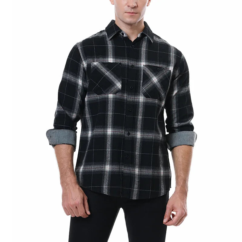 2023New Men Casual Plaid Flannel Shirt Long-Sleeved Chest Two Pocket Design Fashion Printed-Button