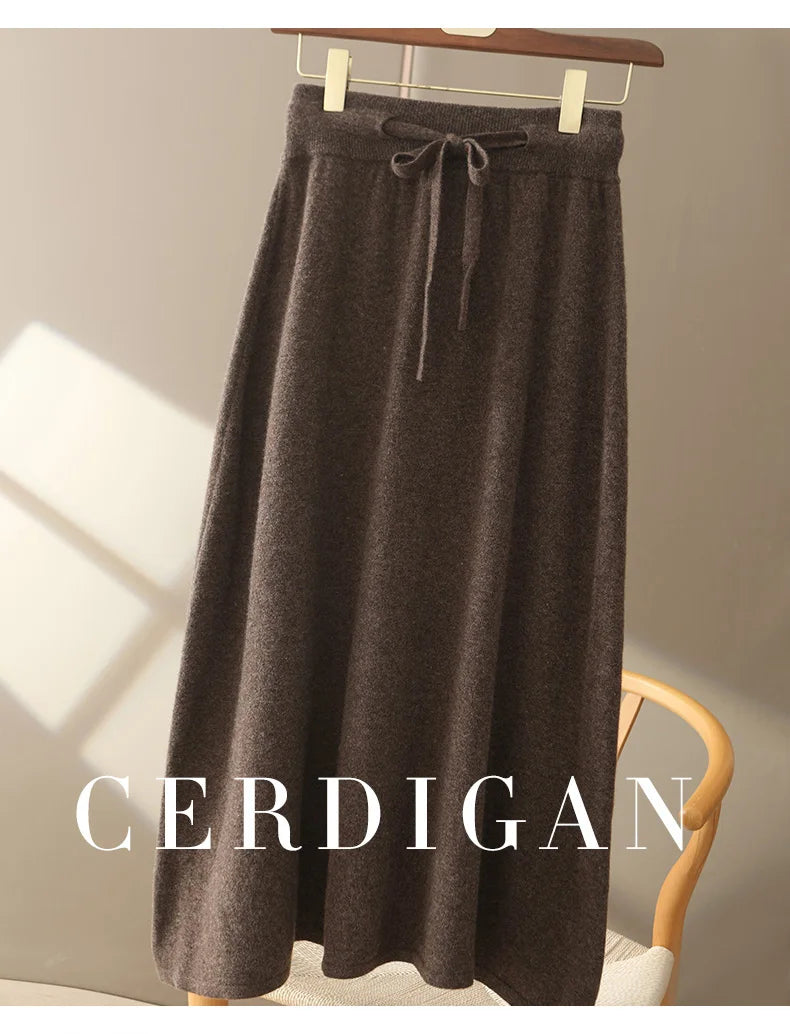 Autumn And Winter100% Pure Wool Skirt Women's Long Pocket Small A Skirt High Waist Slim Cashmere Knit A-Line Skirt - reetell