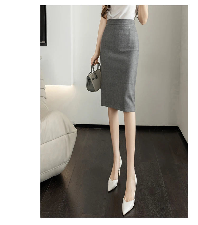 Classic Vintage Gray Red Stretch Pencil Skirts For Women Office Lady Formal Black Midi Skirts Elegant Female Package Hip Skirts - reetell