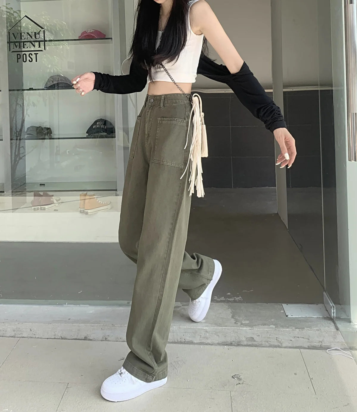 Military Green Jeans for Women High Waist Wide Legs Straight Leg Loose and Hanging Feeling Floor Length Pants High Street Trend - reetell