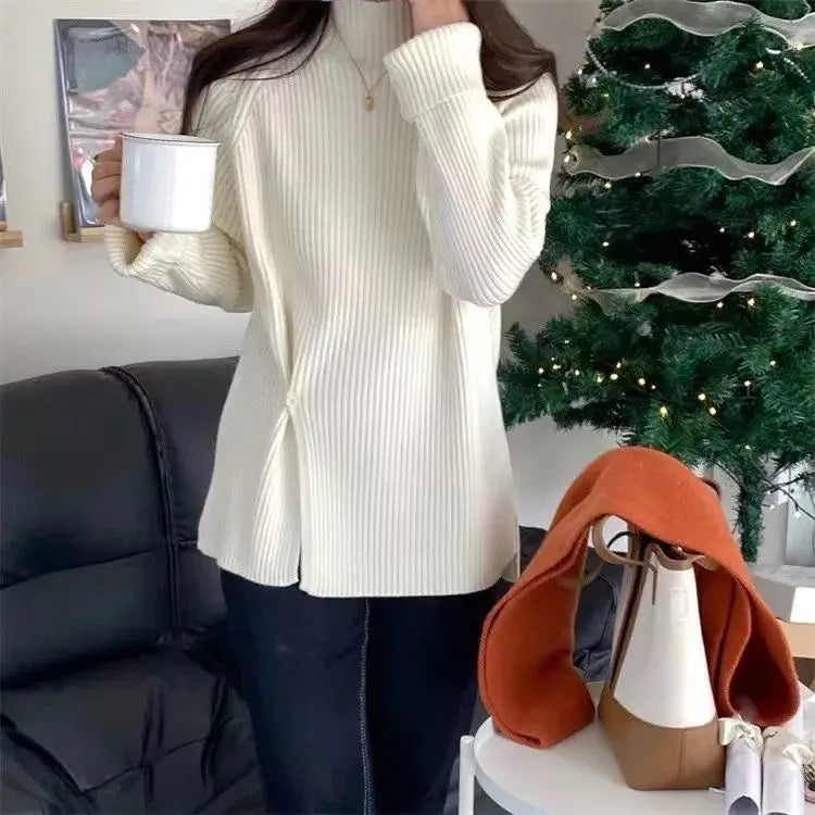 Women's Knit Sweater Off-white Loose Turtleneck Ladies PulloversButtons Slit Hot Sale Winter Offers Trend New Knitwear 2024 - reetell