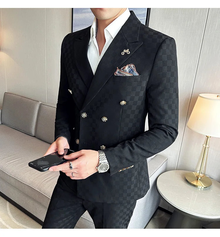 (Jacket+Pants) 2 Pieces Blue Apricot Business Party Men Suits Double Breasted Formal Style Custom Made Wedding Groom Tuxedos - reetell