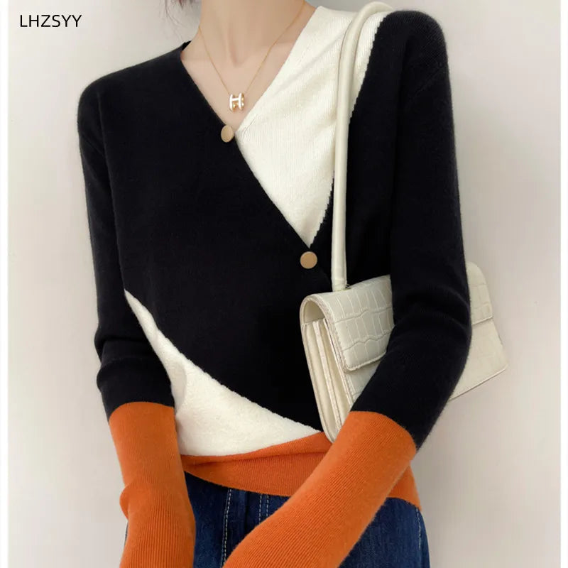 Women's Cashmere Sweater Spring Colorblock Sweater Women Casual Pullover Ladies Knitwear Fashion Sweater Female Thin Inner Top - reetell