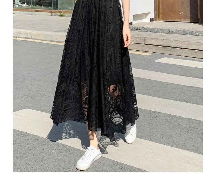 Lace High Waist Skirt Women Faldas Ropa Mujer Casual Loose Summer White Long Skirts Ladies Fashion Jupe Solid Woman Clothes Saia - reetell