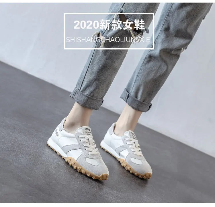 2024 Spring Autumn Casual Sneakers Women Suede Leather Patchwork Mixed Colors Lace-Up Round Toe Platform Shoes Lady Flats - reetell