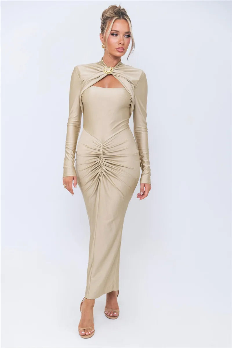 Mozision Hollow Out Long Sleeve Sexy Maxi Dress For Women Gown Autumn Winter New Metal Buckle Ruched Slit Long Dress Elegant - reetell