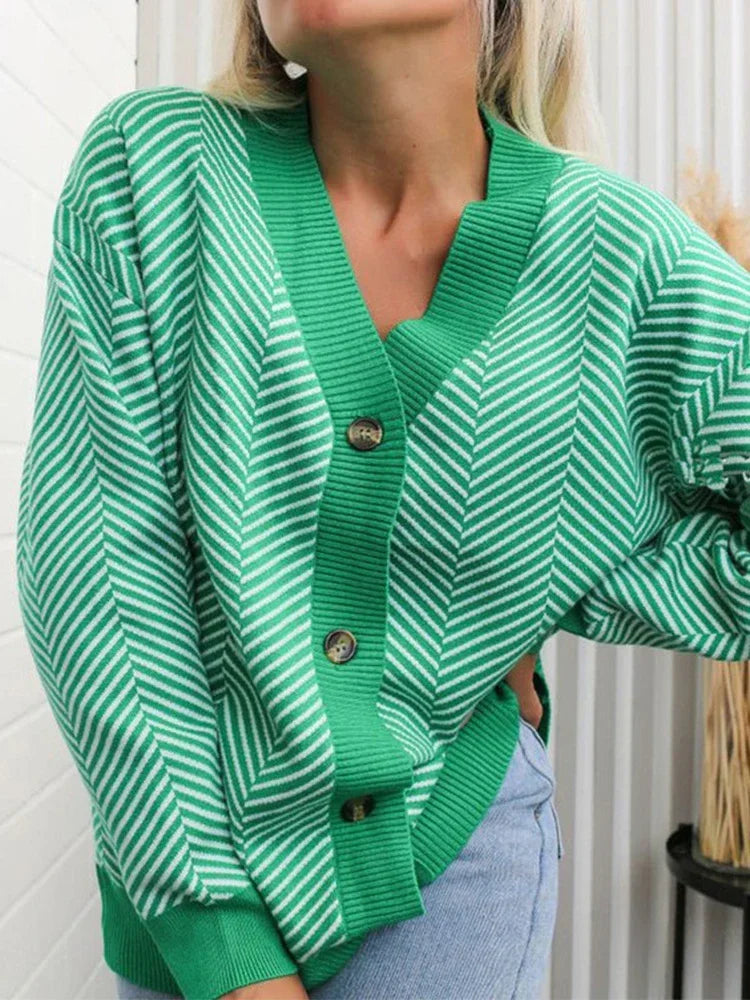 Striped Cardigan Autumn Winter Sweater Women Long Sleeve Coat V Neck Loose New in Chic Casual Streetwear Knittet Green Cardigan - reetell