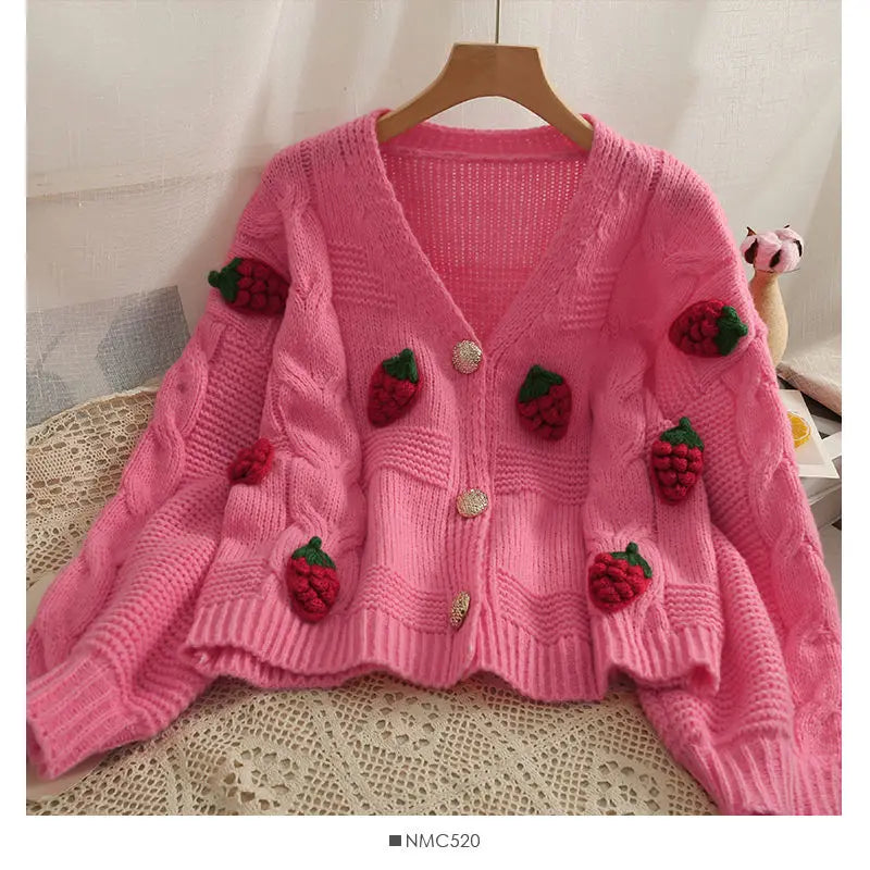 Strawberry Spliced Cardigan Women Knitting All-match Stylish Кардиган Женский Long Sleeve Sweaters Ropa Mujer Elegant Ulzzang - reetell