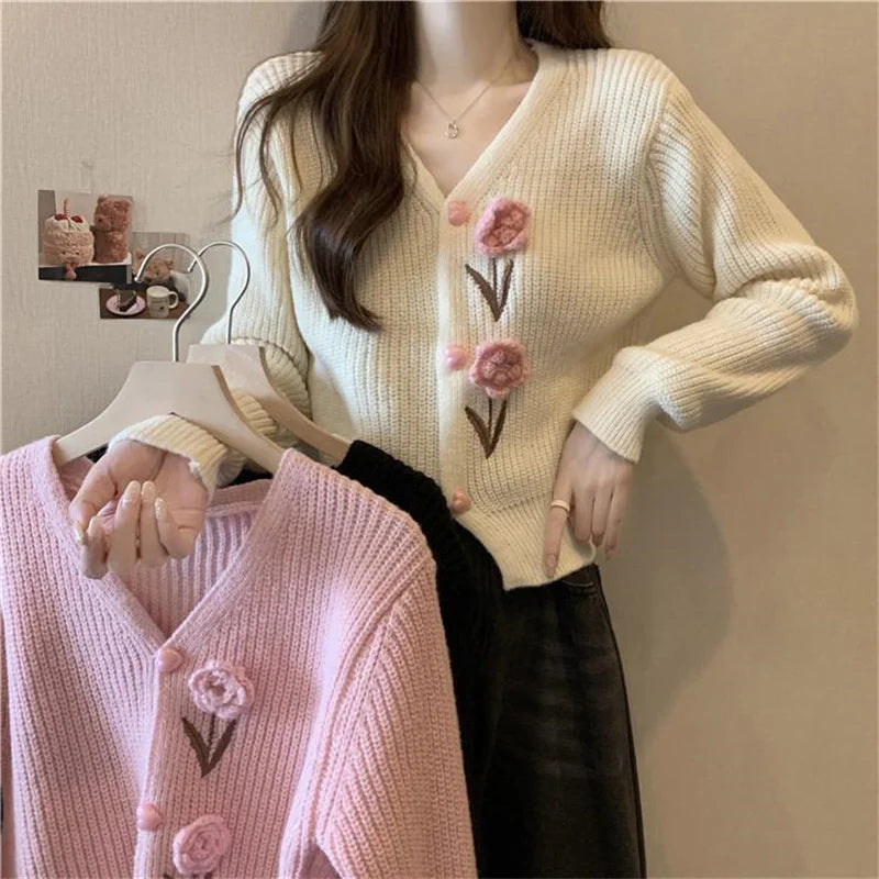 Heavy Industry Beautiful Flowers Knitted Cardigan Sweater Women Slim In Autumn And Winter With Small Cardigan V-neck Short Coat - reetell