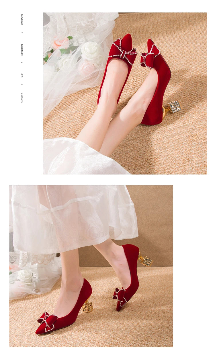 Autumn New Ladies High Heels Pointed Toe Shaped Heel High 5cm and 7cm Wedding Shoes Square Buckle Travel Banquet Shoe High Heels