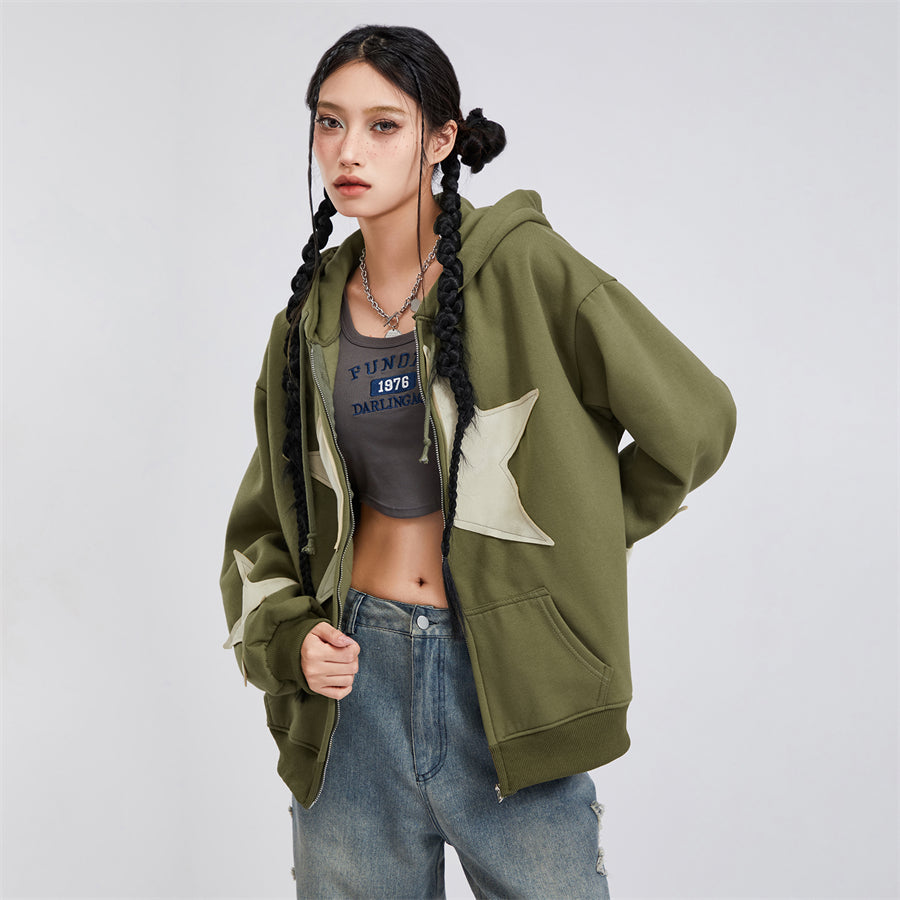 wsevypo Grunge Retro Star Print Hoodies Autumn Women's Long Sleeve Zip-up Hooded Sweatshirts with Front Pocket Street Outwear - reetell