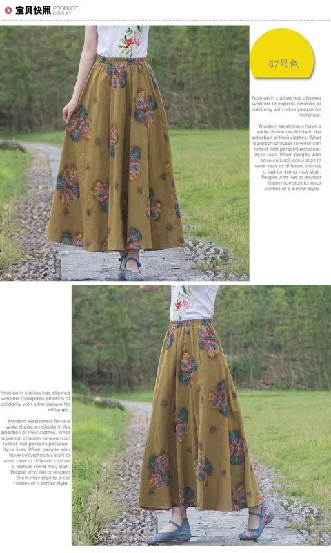 Fashion Summer Cotton Linen Women Skirt Saia Casual Vintage y2k Print Long Skirts Woman Clothes Bohemian Faldas Maxi Bottom Jupe - reetell