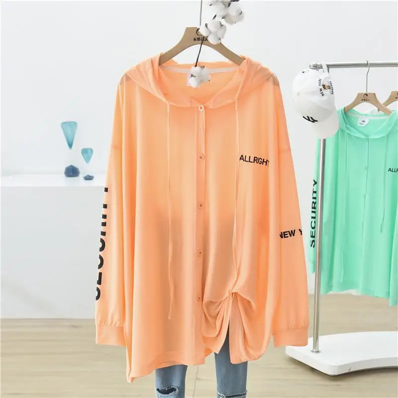 Spring Summer New Hooded Long Sleeve Ice Silk Fabric Sunscreen Clothing Women Fashion Solid Color Zipper Loose Casual Cardigan - reetell