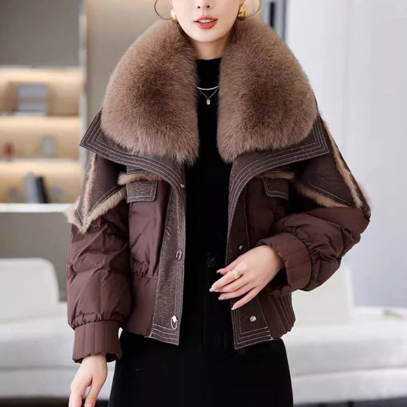 Women's Winter Down Jacket Sheepskin Fabric Fur V-Neck Rabbit Fur Lining Fur Coat Women Warm And Fashionable Jacket - reetell