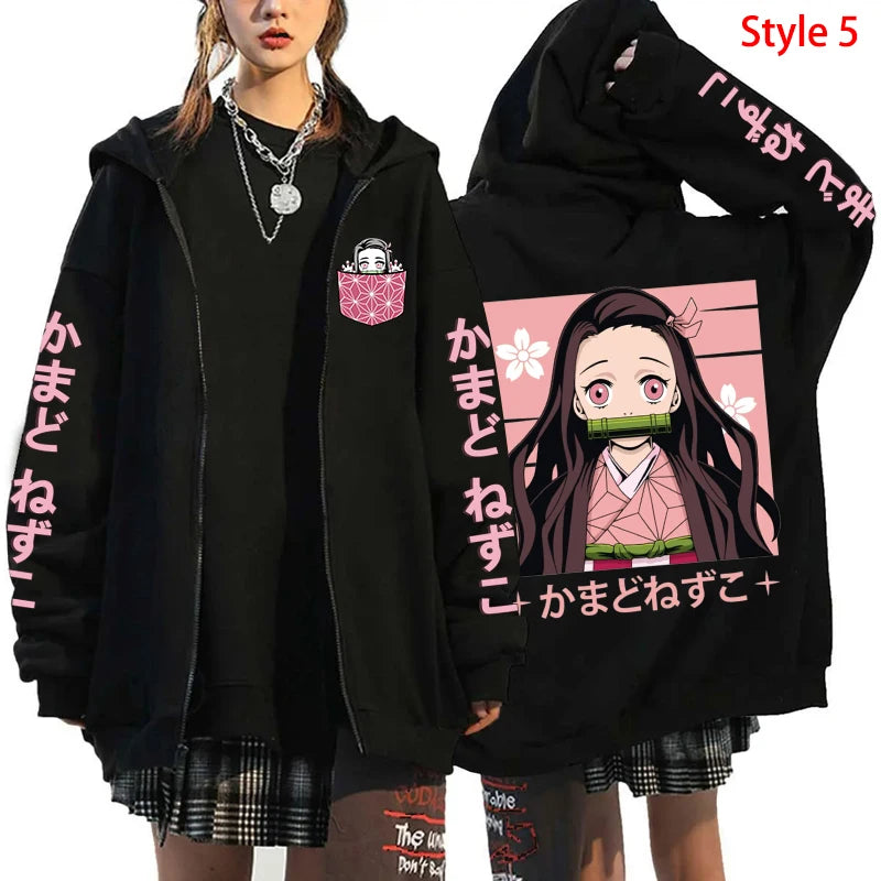 Autumn/Winter New Kamado Nezuko Hoodie Women Casual Personality Zipper Hooded Pullovers Coat Streetwear Fashion Anime Sweatshirt - reetell