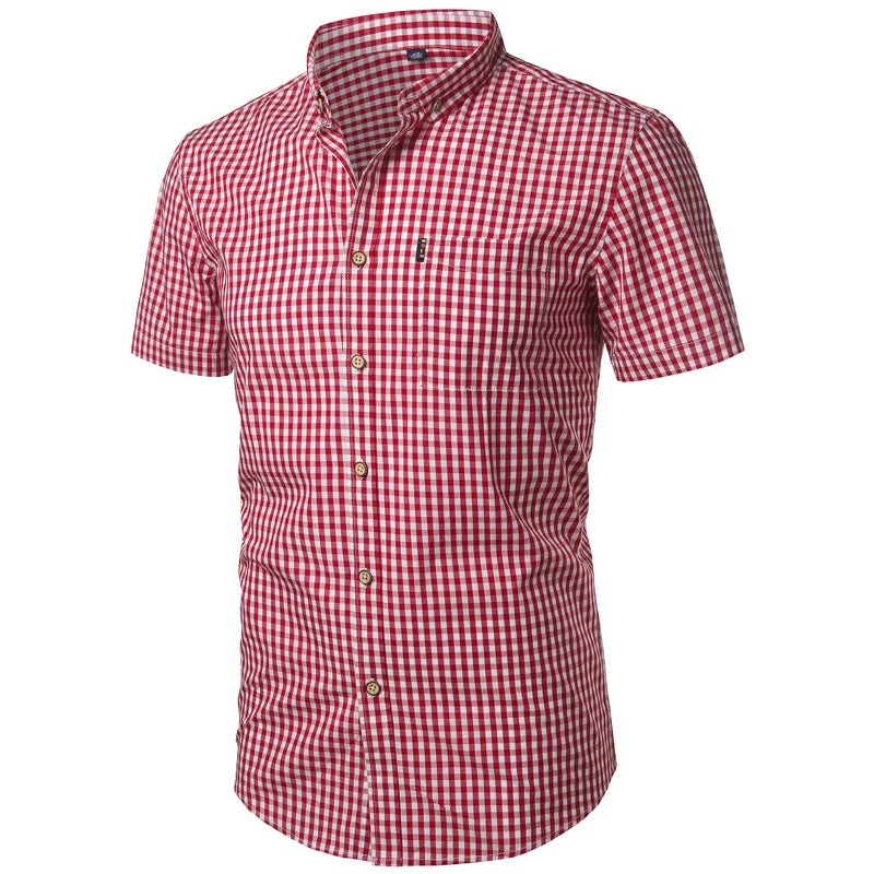 Mens Red Small Plaid Shirts Summer Short Sleeve Cotton Dress Shirts Business Casual Button Down Chemise Homme Camisa Masculina - reetell