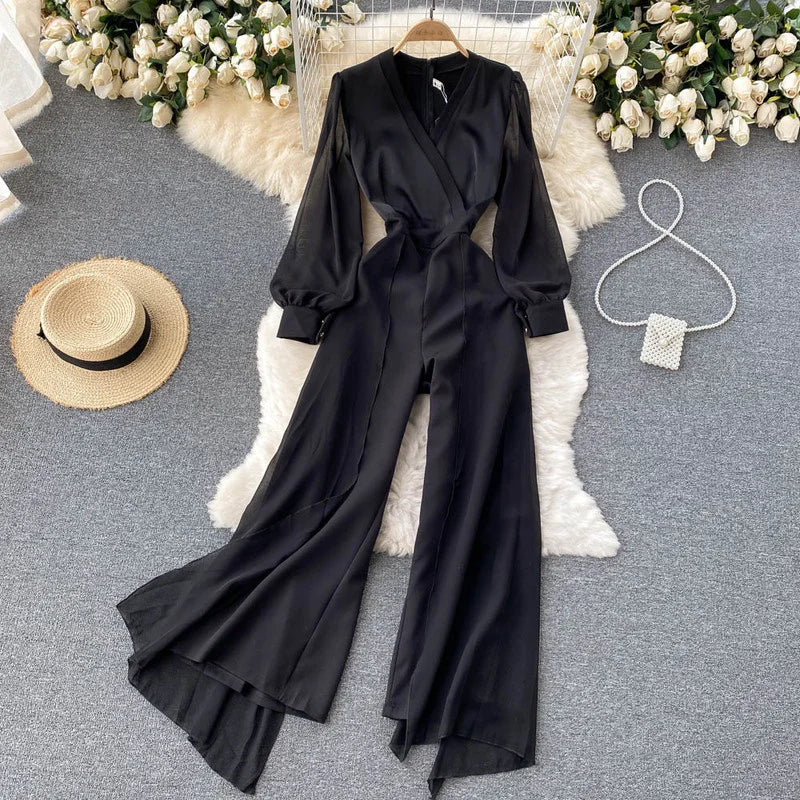 EWQ Elegant Style Chic Jumpsuit Women V-neck Long-sleeve Mesh Patchwork Solid Color Female Jumpsuits Autumn 2023 New 27SN3727