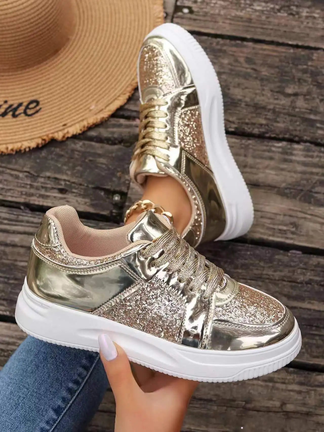 Women's Gold Sequins Platform Sneakers Autumn Fashion Casual Sports Shoes Thick Bottom Vulcanized Shoes Woman Flats Heels Shoes