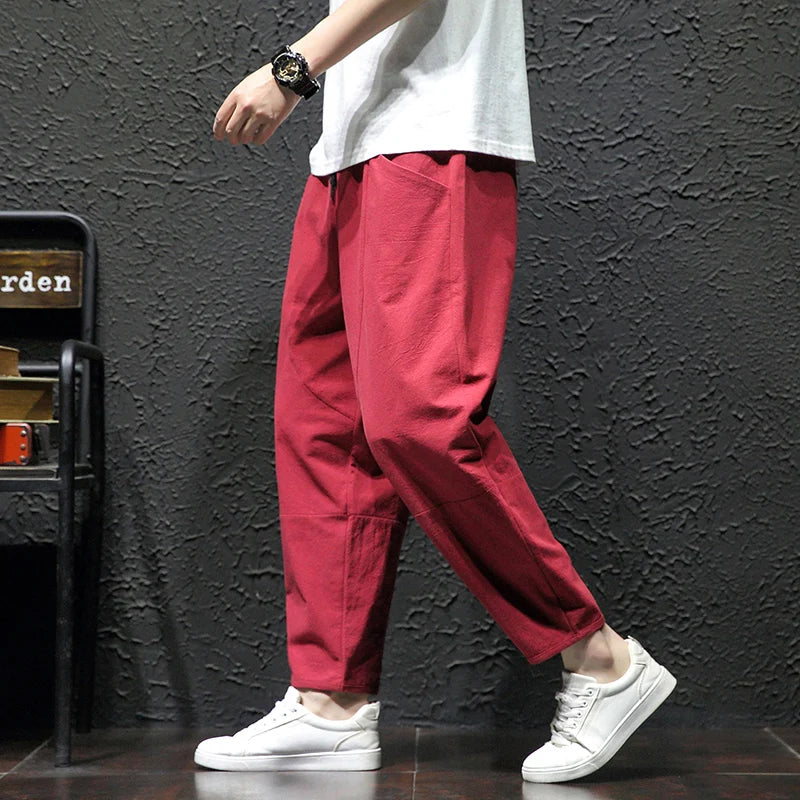 100% Cotton Ankle Length Pants Summer Casual Pants Man Trendy Japanese Loose Pants Men - reetell