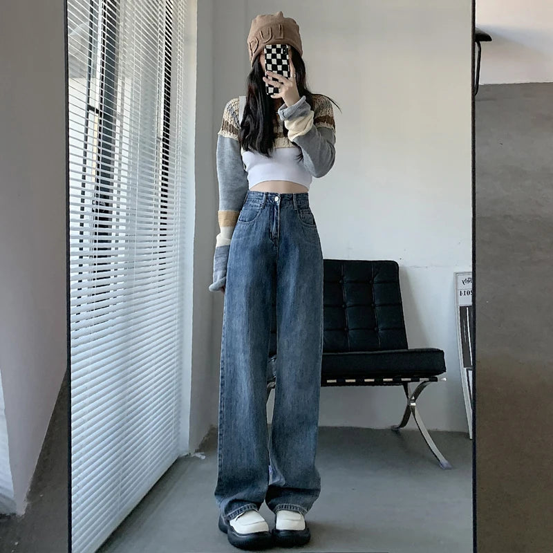 ZOENOVA High Waisted Jeans Y2K Fashion Women Clothing Blue Black Straight Leg Denim Pants Trousers Mom Jean Baggy Trousers Tall - reetell