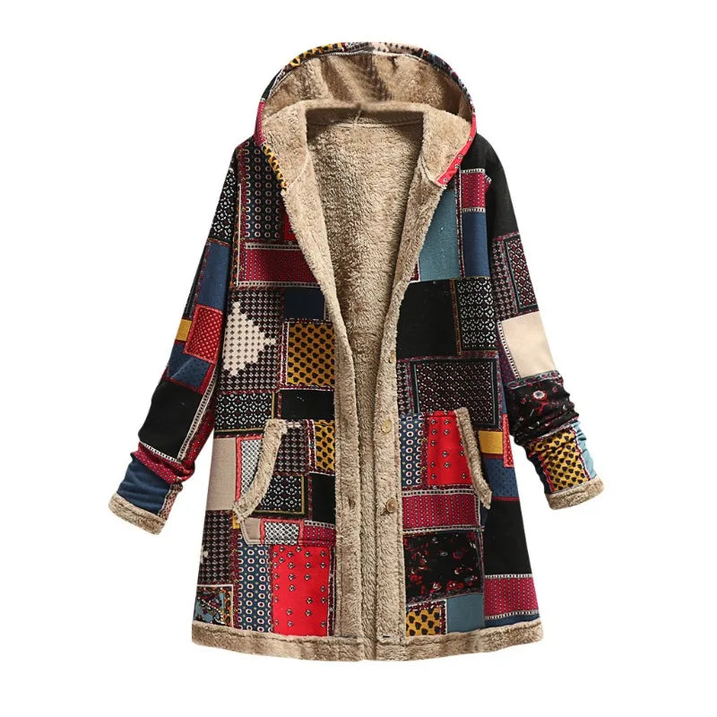 2023 Winter Vintage Women Coat Warm Printing Thick Fleece Hooded Long Jacket with Pocket Outwear Loose Jackets шерстяное пальто - reetell