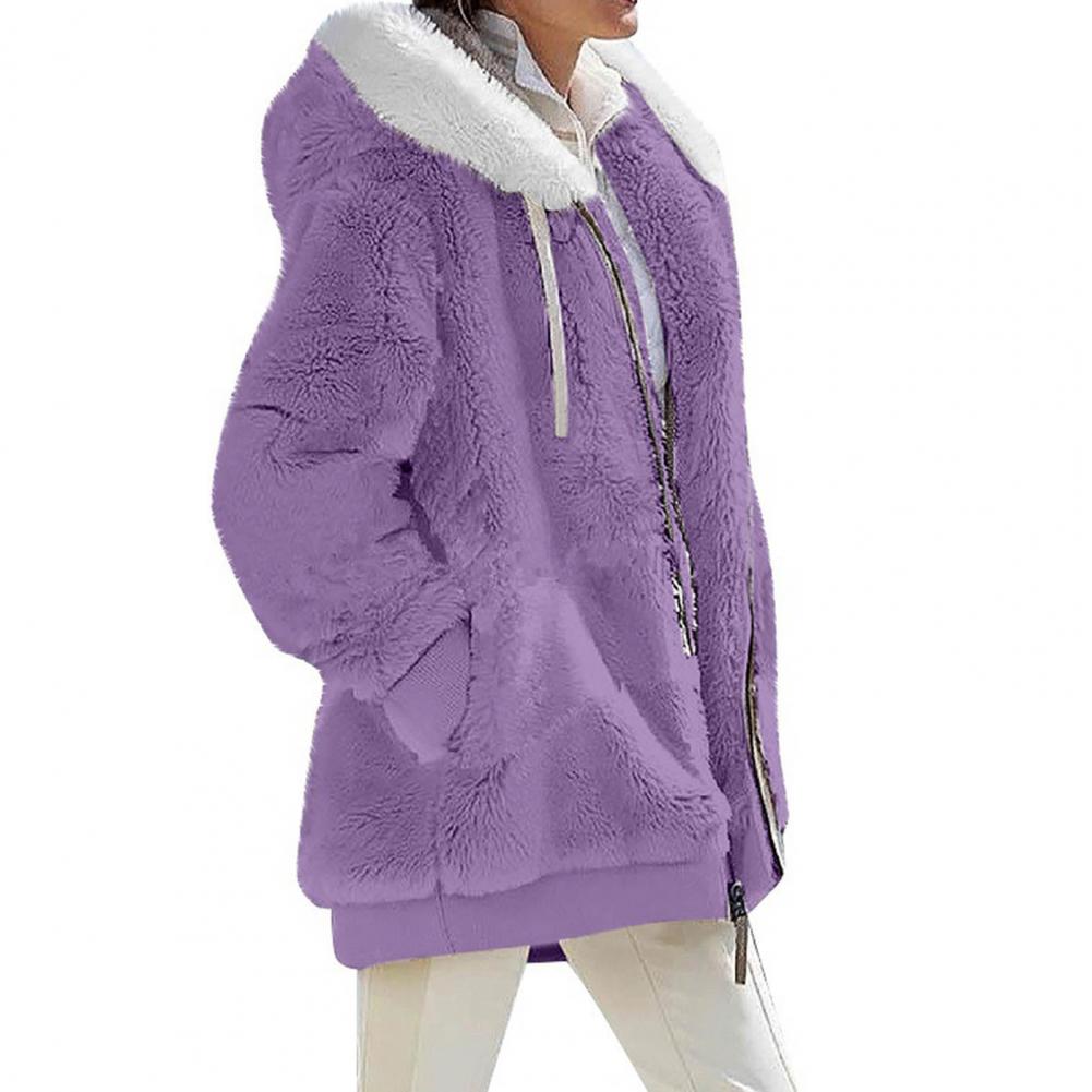 2023 New Women's Winter Coat Solid Color Warm Plush Large Size Ladies Coat Fall Winter Loose Plush Zipper Hooded Women's Coat - reetell