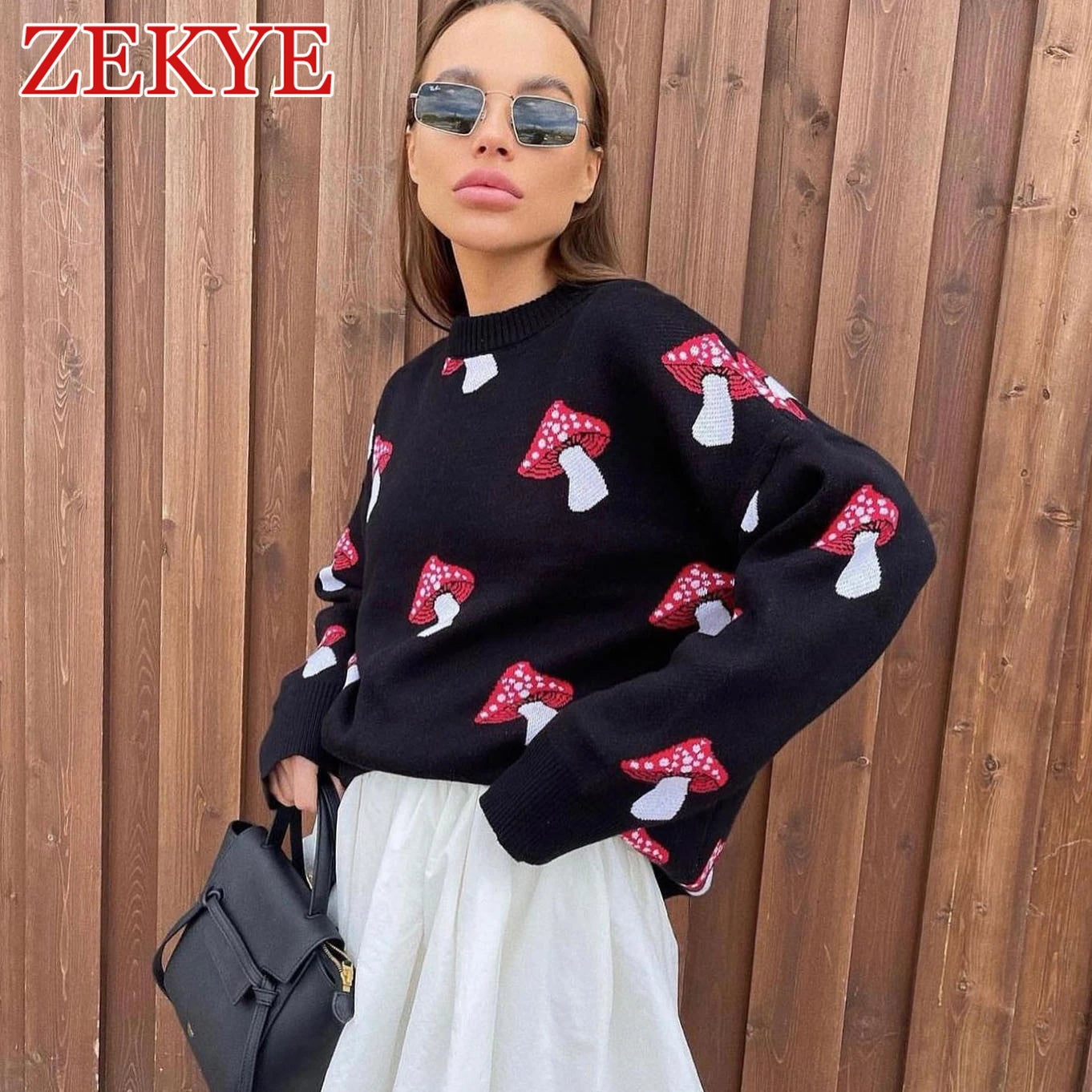 Zekye Mushroom Graphic Cute Black Sweaters Women Winter Loose Long Sleeve Knitwear Casual Basic Outwear Autumn Pullover Elegant - reetell