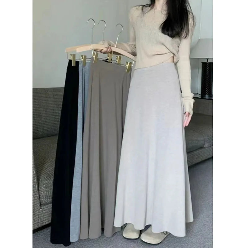 Lucyever Vintage Gray Knitted Midi Skirts Women 2023 New High Waist Slimming A-Line Skirt Woman Elegant Solid Droop Long Skirts - reetell