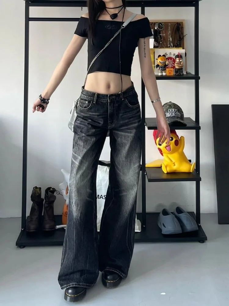 HOUZHOU Grunge Y2k Black Jeans Women Baggy Vintage High Street Oversized Denim Trousers Gothic Gyaru 2000s Acubi Fashion Jeans - reetell